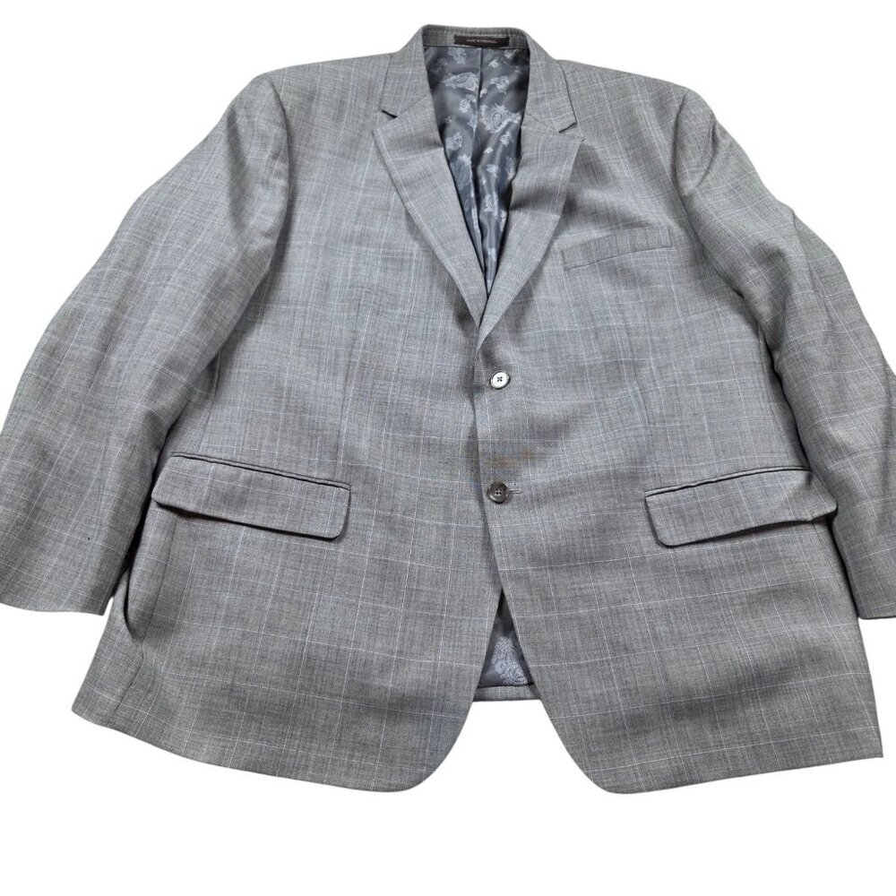 Tasso Elba Blazer Sport Coat Mens 48R Gray Plaid 100% Wool Lined Jacket